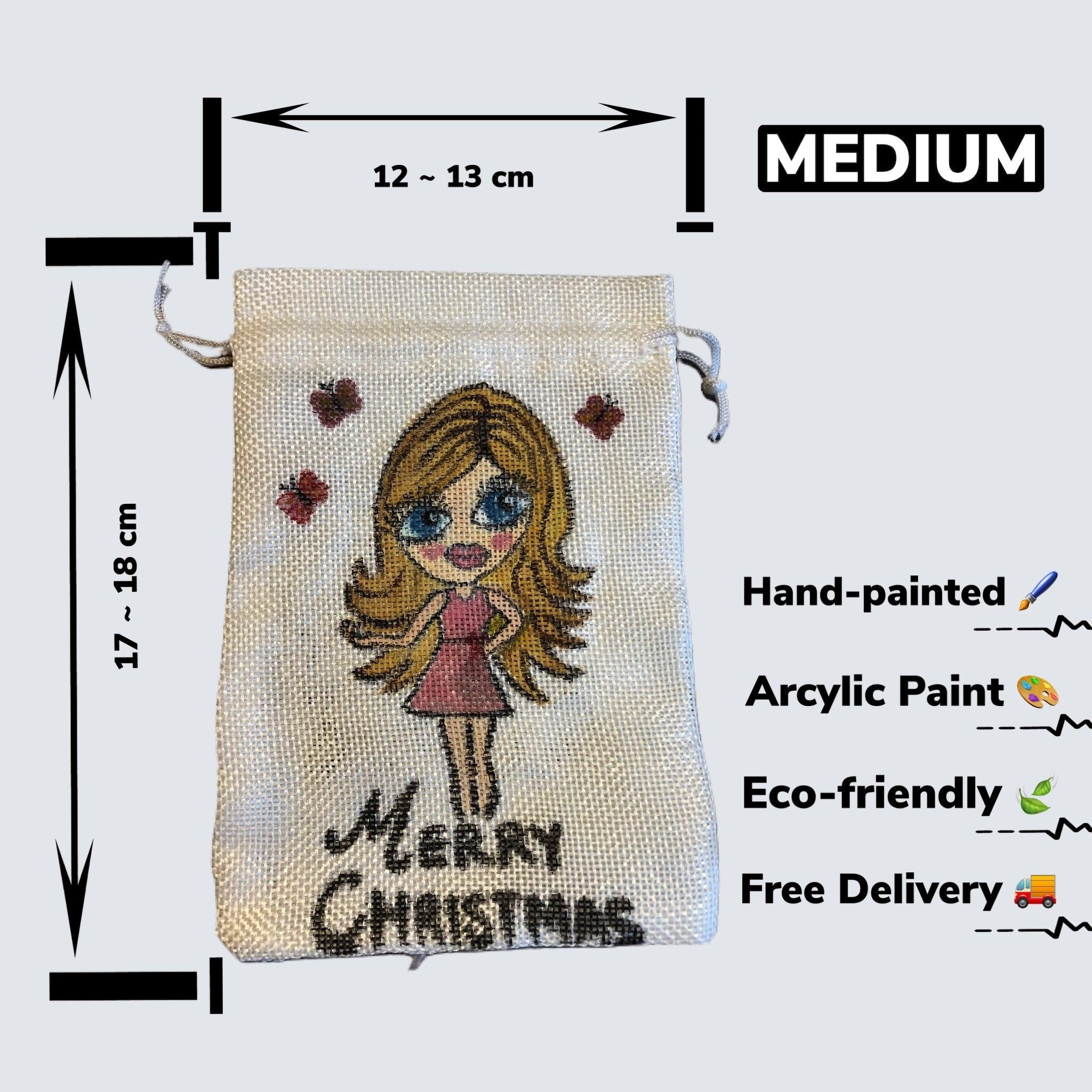 Hand-painted Christmas Gift Pouch - Medium 13x18 cm Cotton Linen Bag with Drawstring