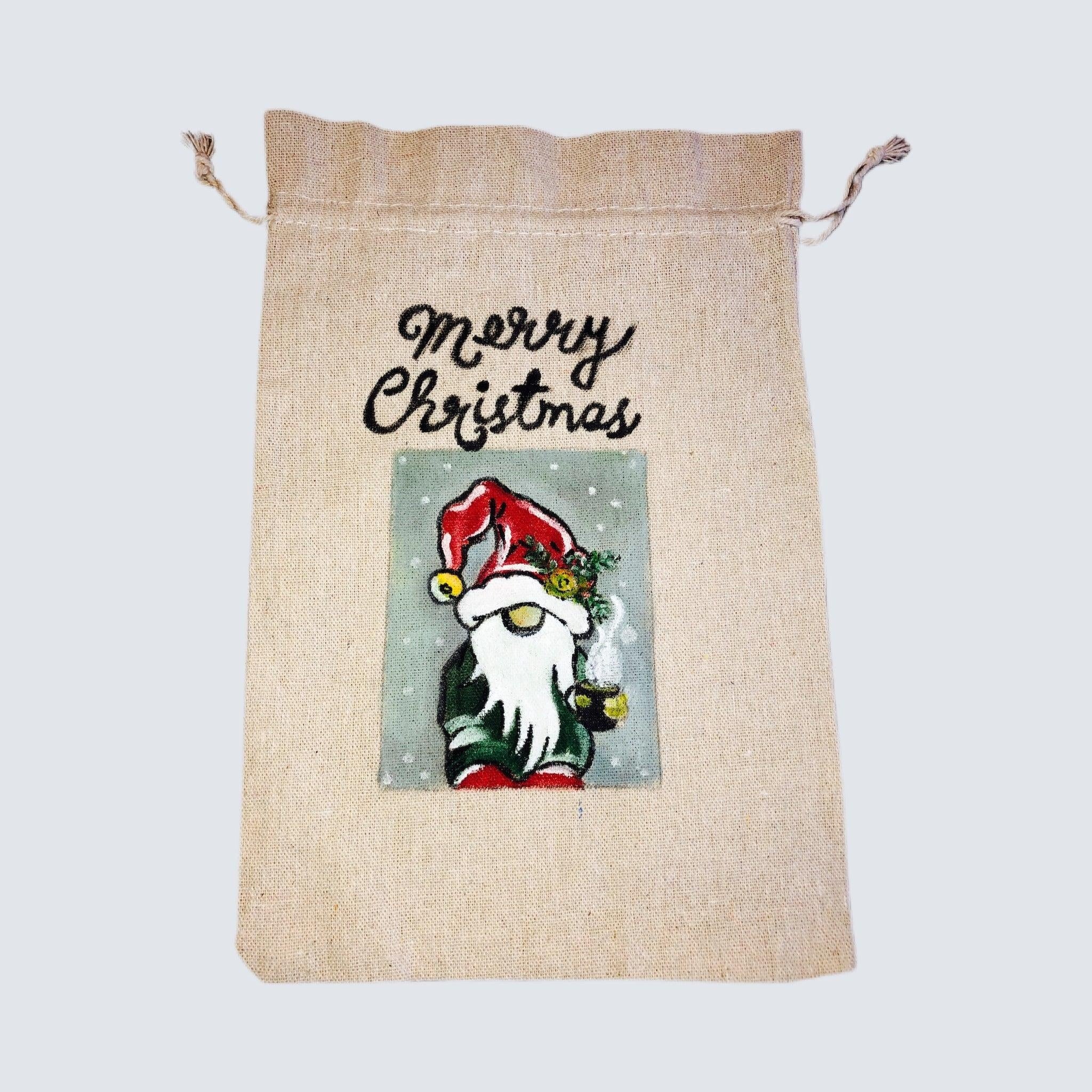 Hand-painted Christmas Gift Pouch - Large 19x28.5 cm Cotton Linen Bag with Drawstring