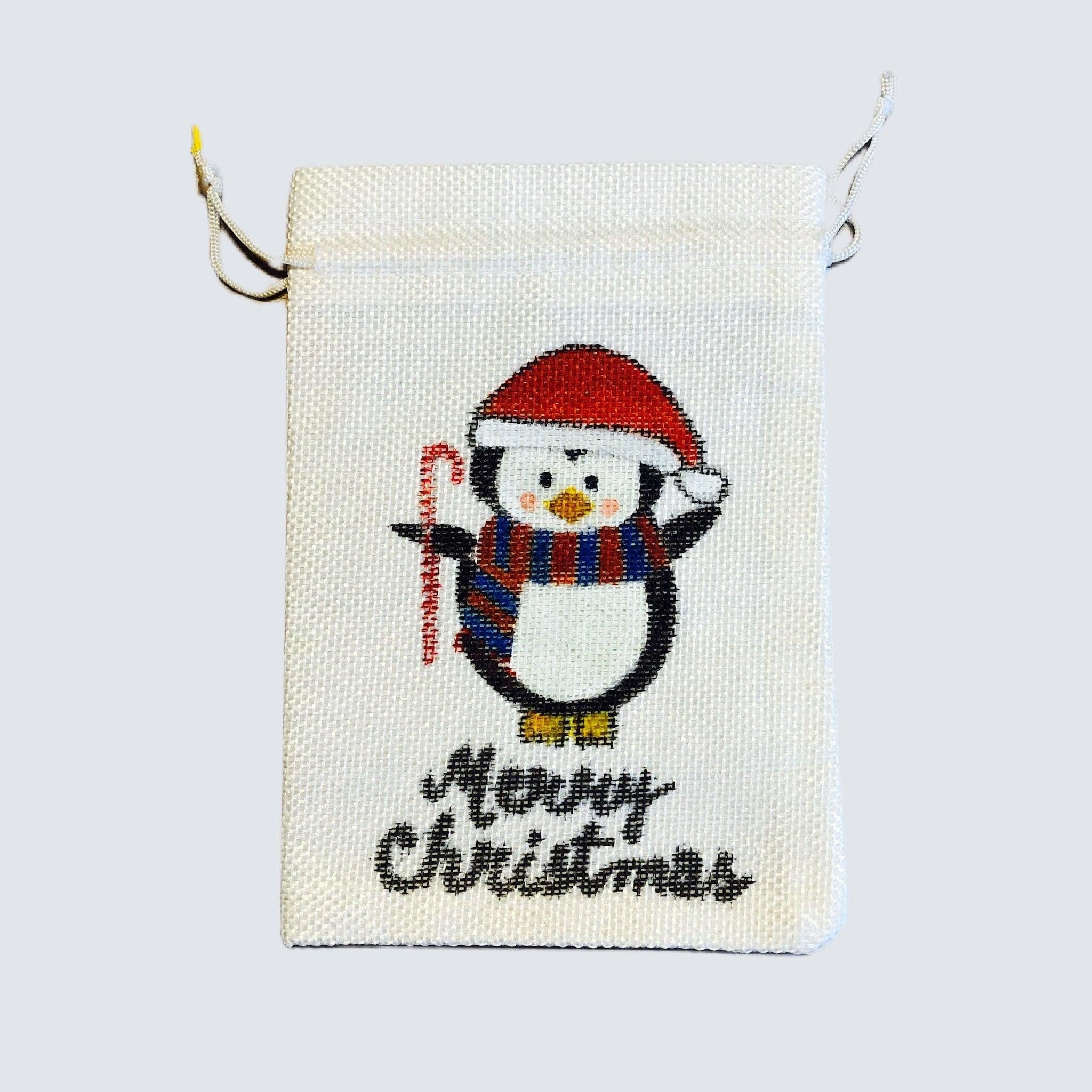 Hand-painted Christmas Gift Pouch - Medium 13x18 cm Cotton Linen Bag with Drawstring