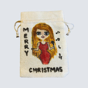 Hand-painted Christmas Gift Pouch - Small 10x14 cm Cotton Linen Bag with Drawstring