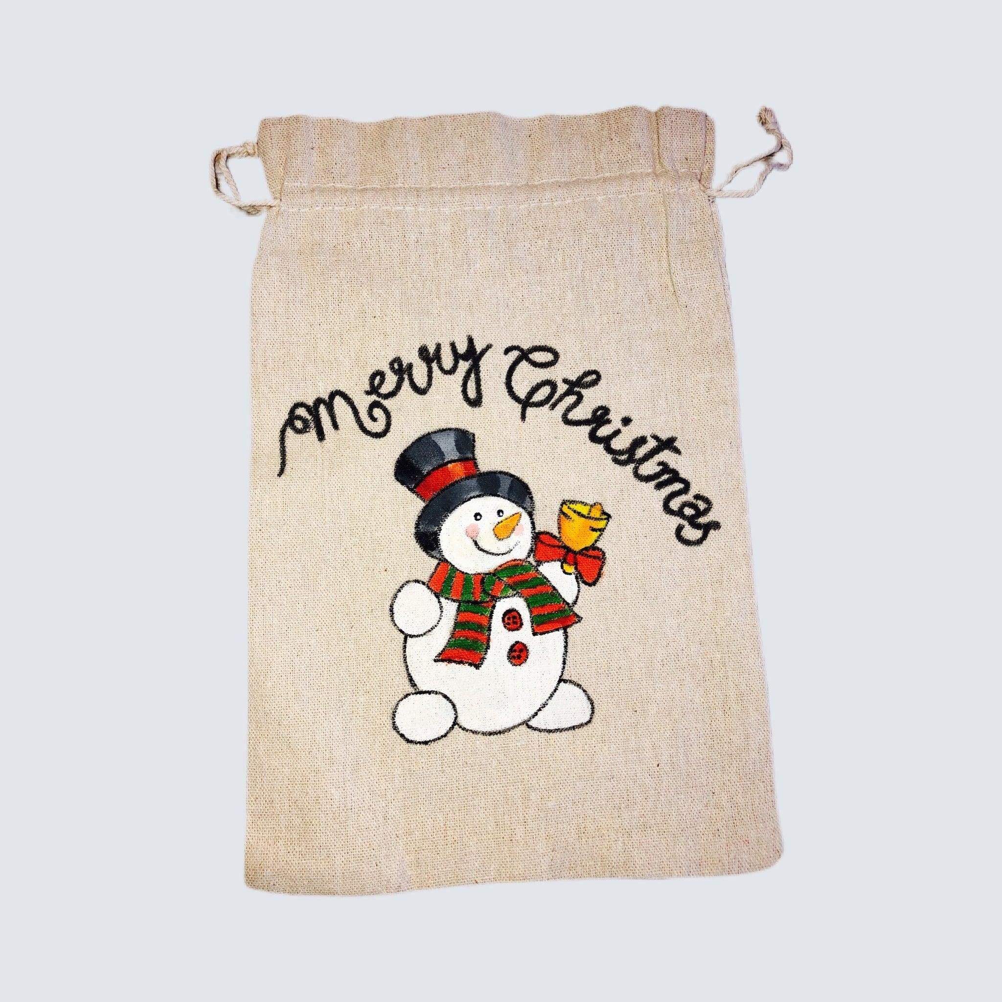 Hand-painted Christmas Gift Pouch - Large 19x28.5 cm Cotton Linen Bag with Drawstring