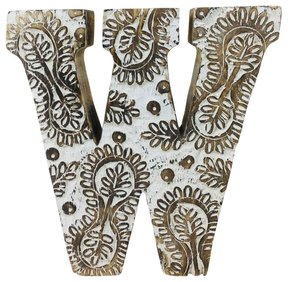Hand Carved Wooden White Flower Letter W
