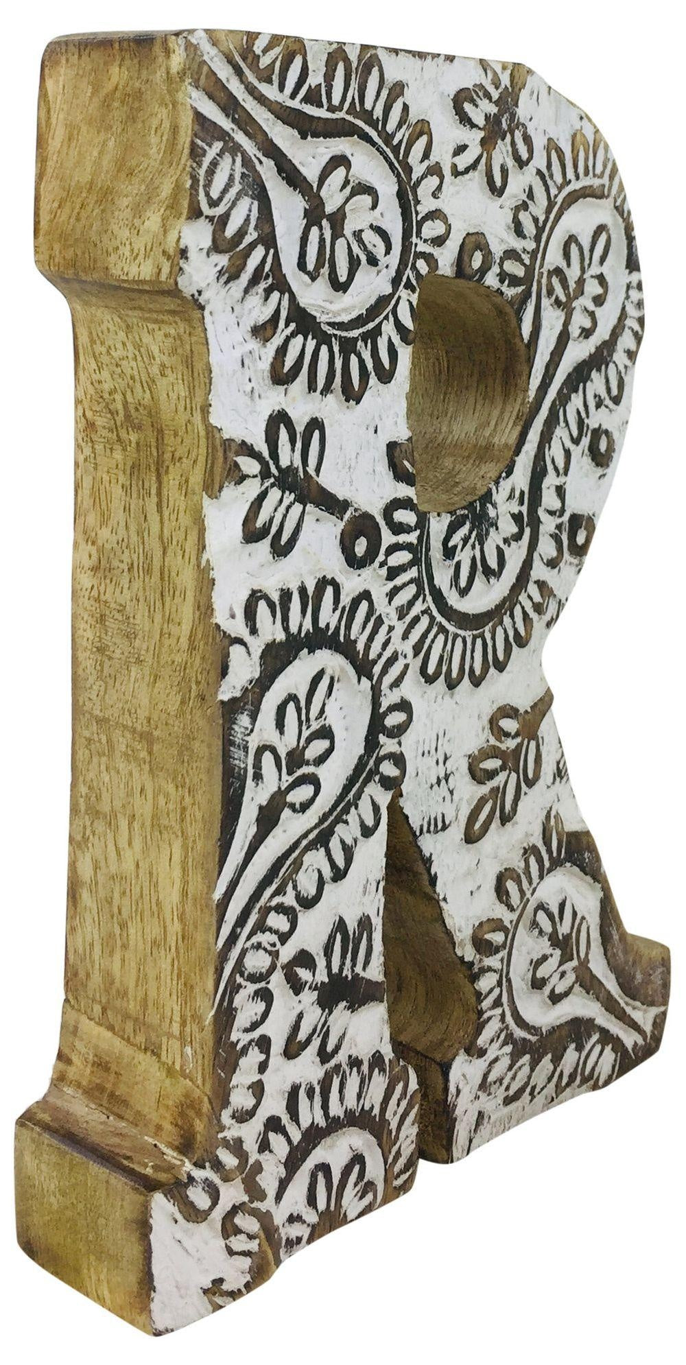 Hand Carved Wooden White Flower Letter R