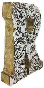 Hand Carved Wooden White Flower Letter R