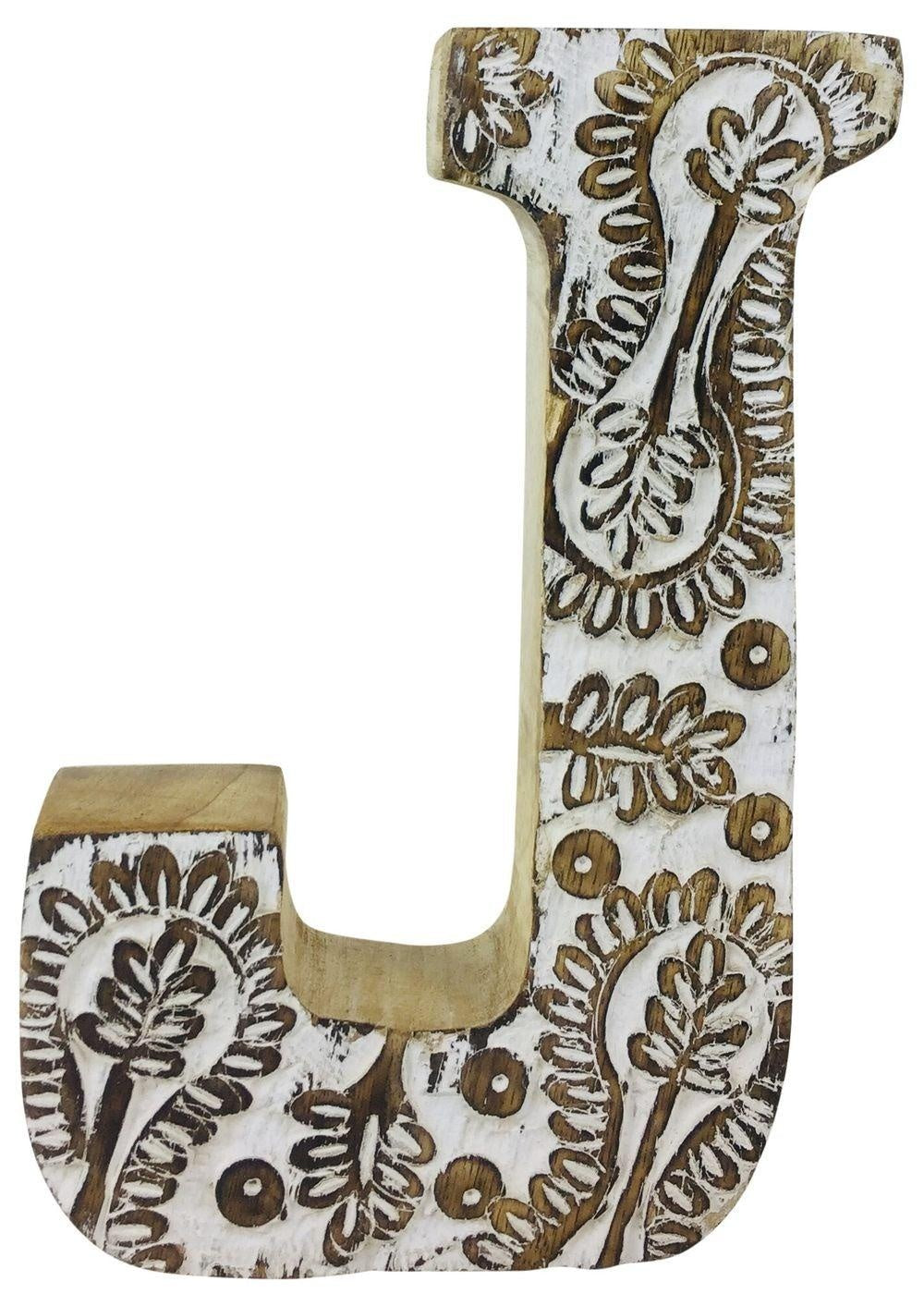 Hand Carved Wooden White Flower Letter J