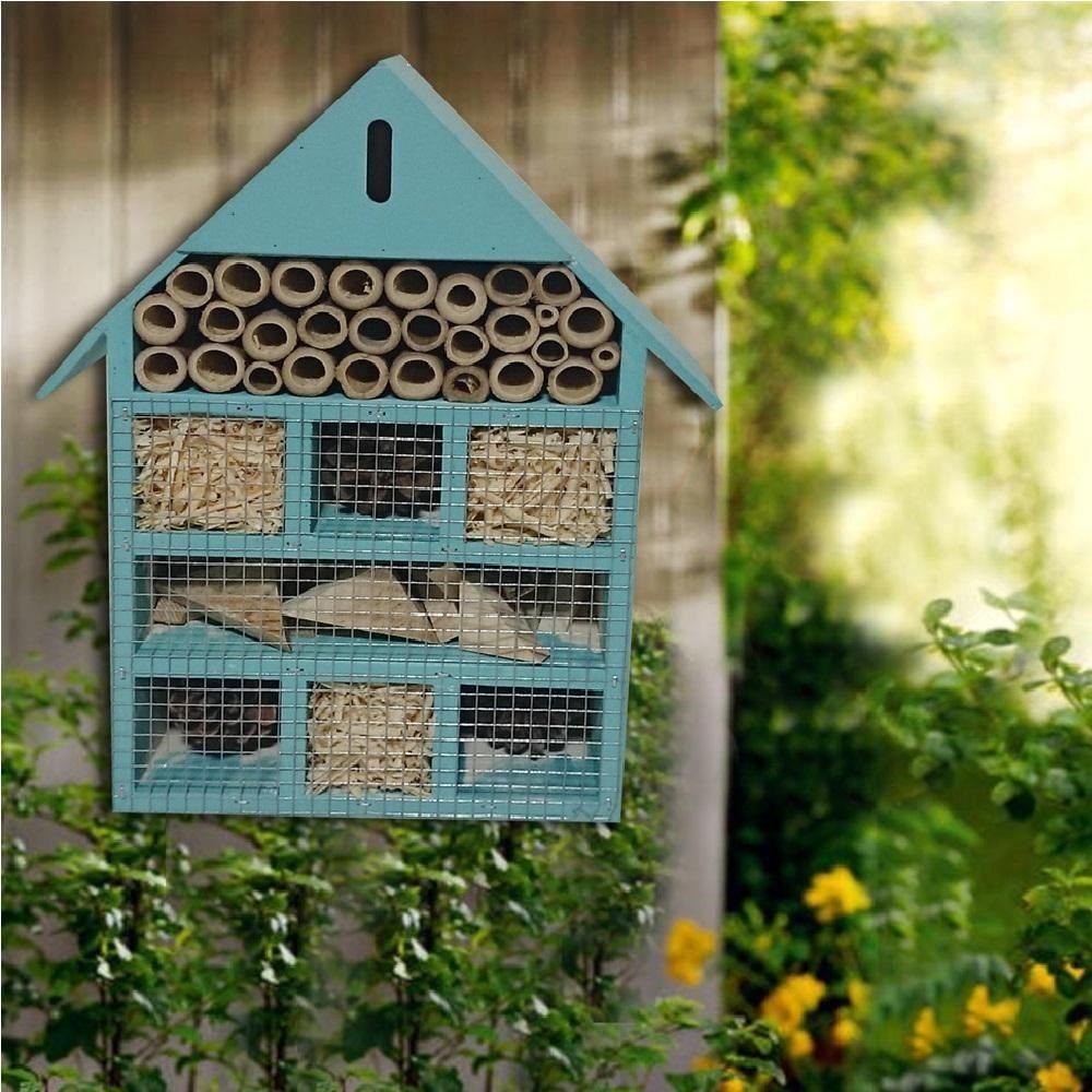 WOODEN BLUE INSECT BUGS GARDEN HANGING HOTEL HOME BEES LADYBIRD NEST BOX HOUSE