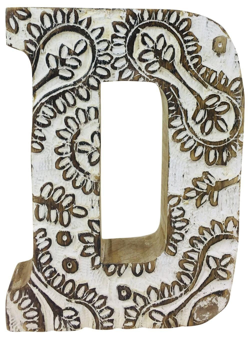 Hand Carved Wooden White Flower Letter D