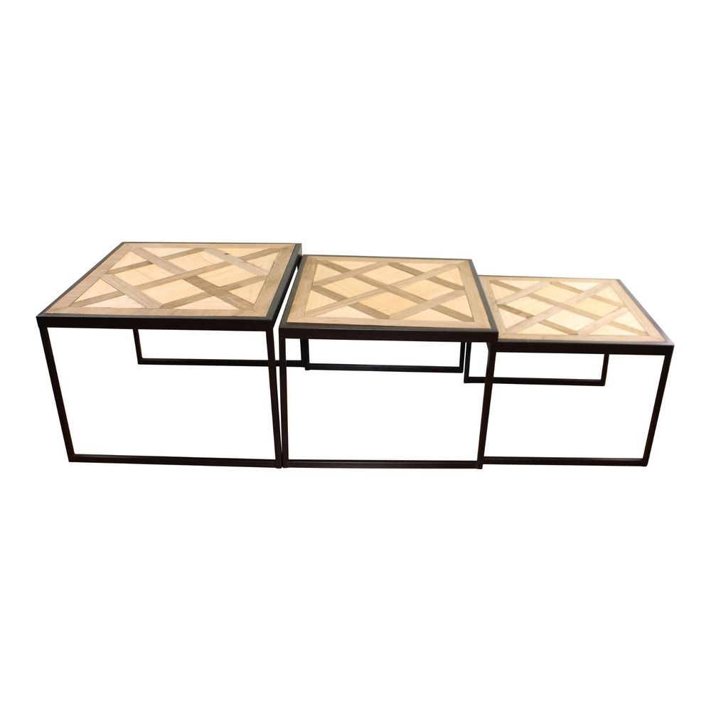 Set Of 3 Square Black Metal Side Tables With Wooden Geometric Tops