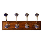 Load image into Gallery viewer, 4 Double Ceramic Blue &amp; White Coat Hooks On Wooden Base
