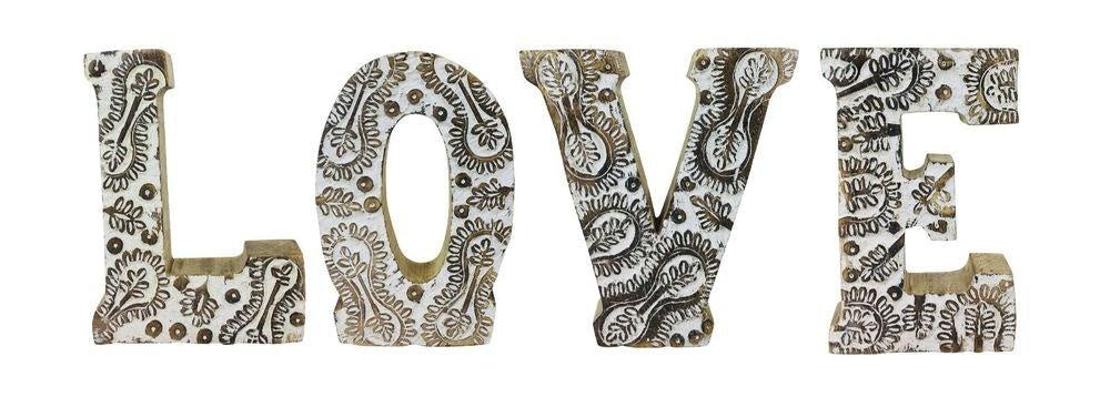 Hand Carved Wooden White Flower Letters Love