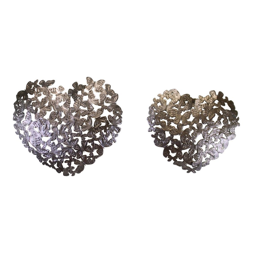 Set of 2 Silver Metal Heart Shaped Wall Decorations, Butterfly Design
