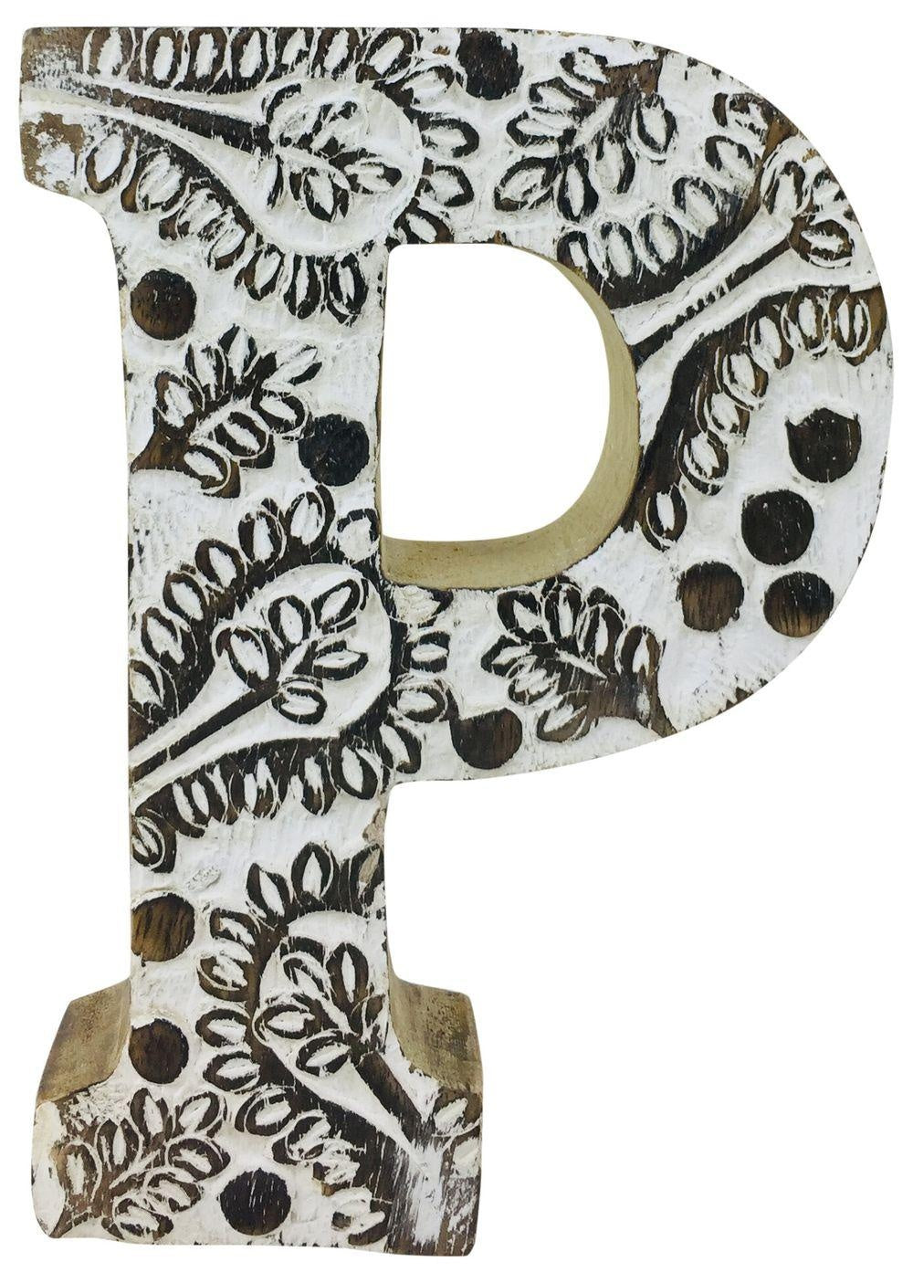 Hand Carved Wooden White Flower Letter P