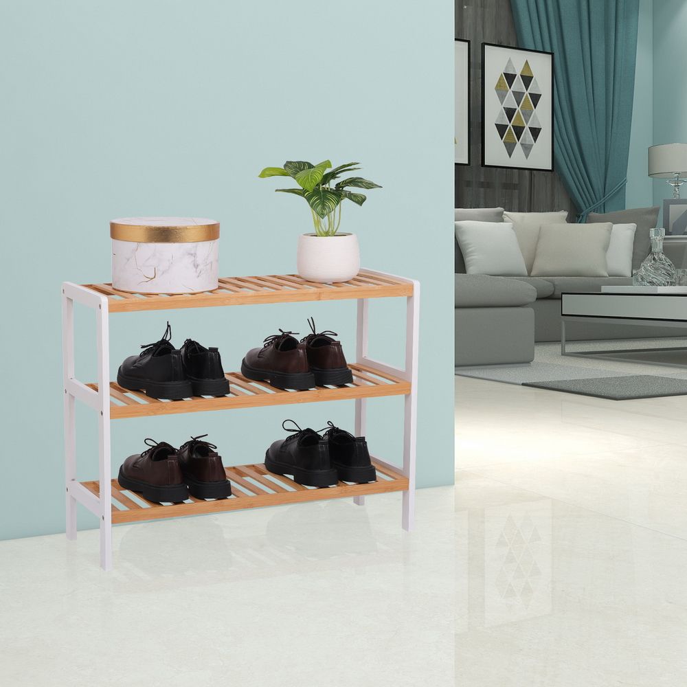 100% Bamboo Shoe Rack Bench, Shoe Storage - Suitable for Entrance Corridor, Bathroom, Living Room And Corridor 70 * 25 * 55 - Natural and White