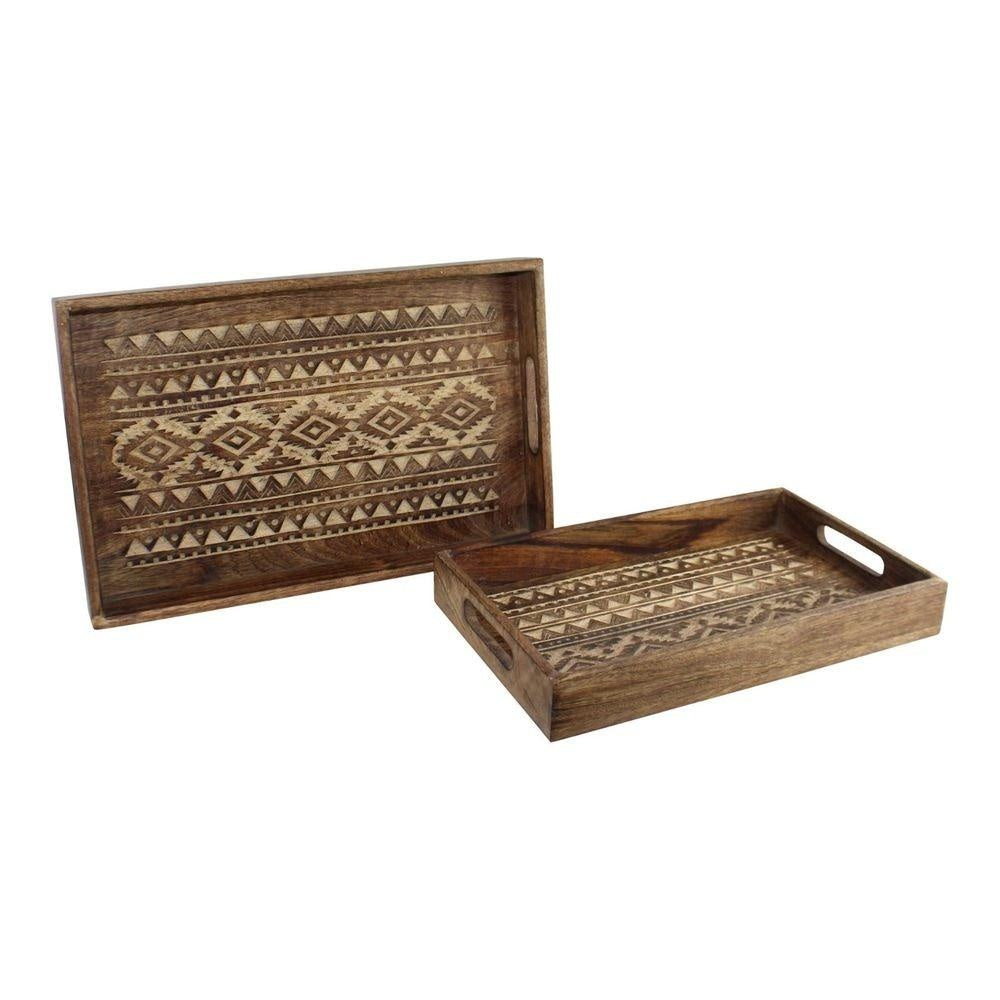 Set of 2 Hand Carved Kasbah Wooden Trays