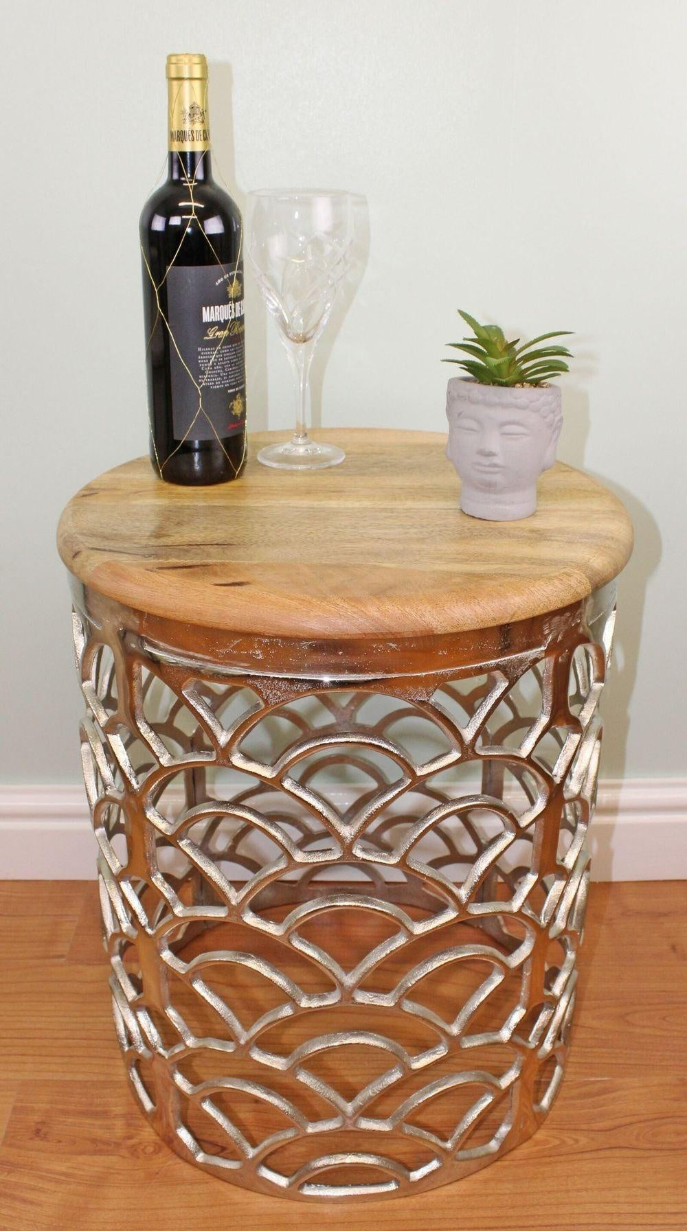 Decorative Silver Metal Side Table With A Wooden Top 50 x 41cm