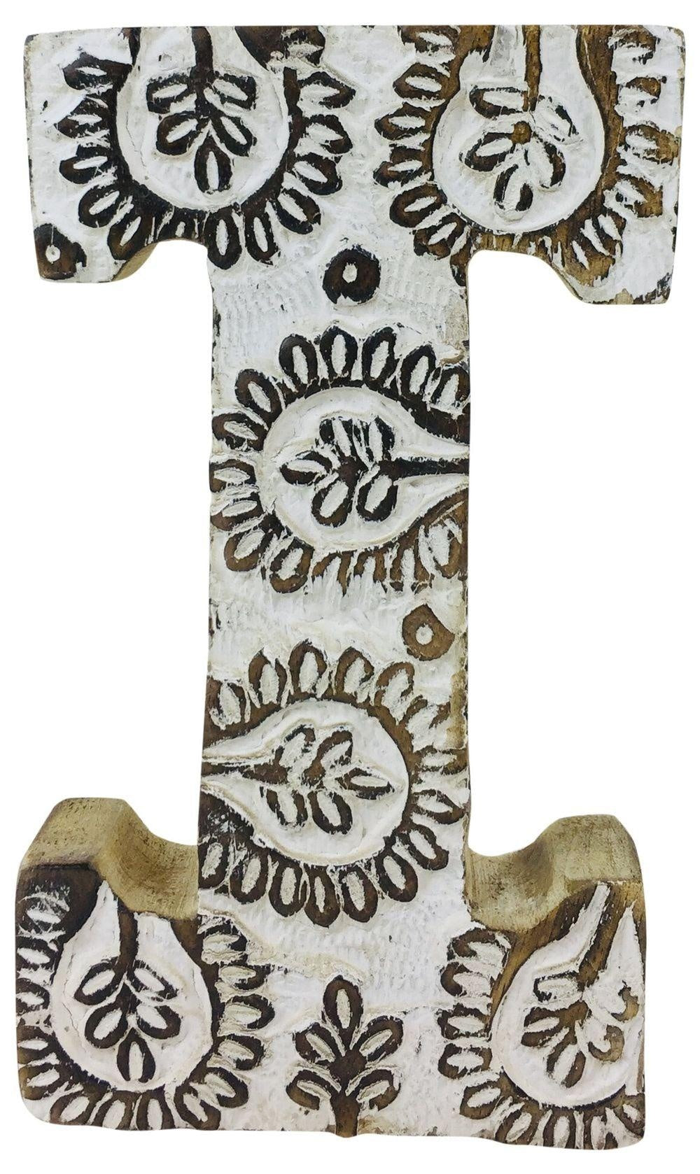 Hand Carved Wooden White Flower Letter I