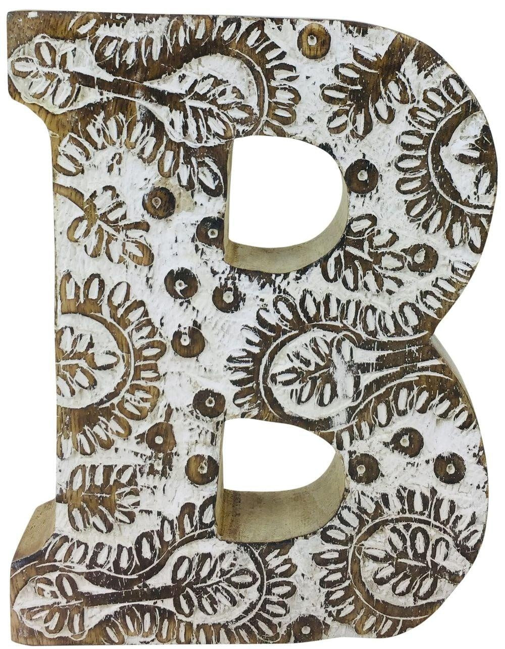 Hand Carved Wooden White Flower Letter B