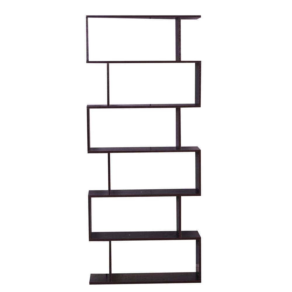 6 Shelf Bookcase, Modern S-Shaped Z-Shelf Style Bookshelf, Multifunctional Wooden Storage Display Stand Shelf Dark Brown
