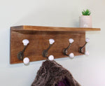 Load image into Gallery viewer, Set of 4 White Ceramic Double Coat Hooks On Wooden Base With Shelf
