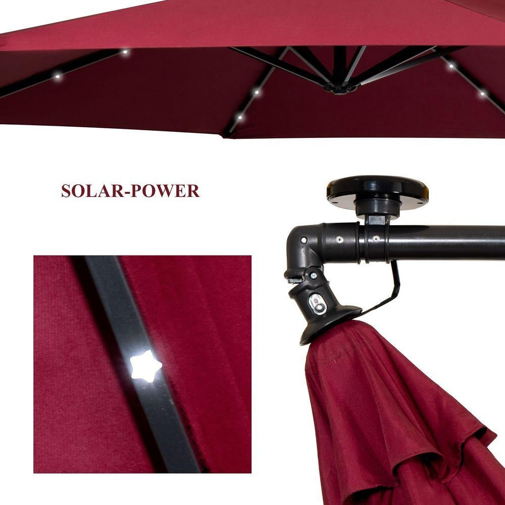 3 m / 10 ft  Garden Parasol with Solar LED Lights, Patio Umbrella with 8 Sturdy Ribs, Outdoor Sunshade Canopy with Crank and Tilt, UV Protection, Red