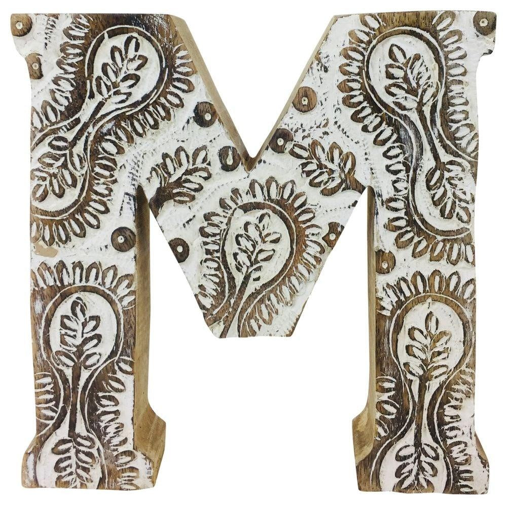 Hand Carved Wooden White Flower Letter M