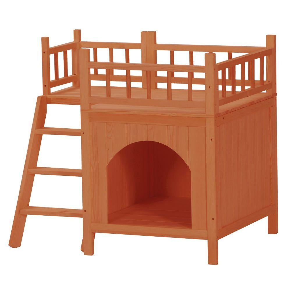 Pet Wooden Cat House Living House Kennel with Balcony Orange Red