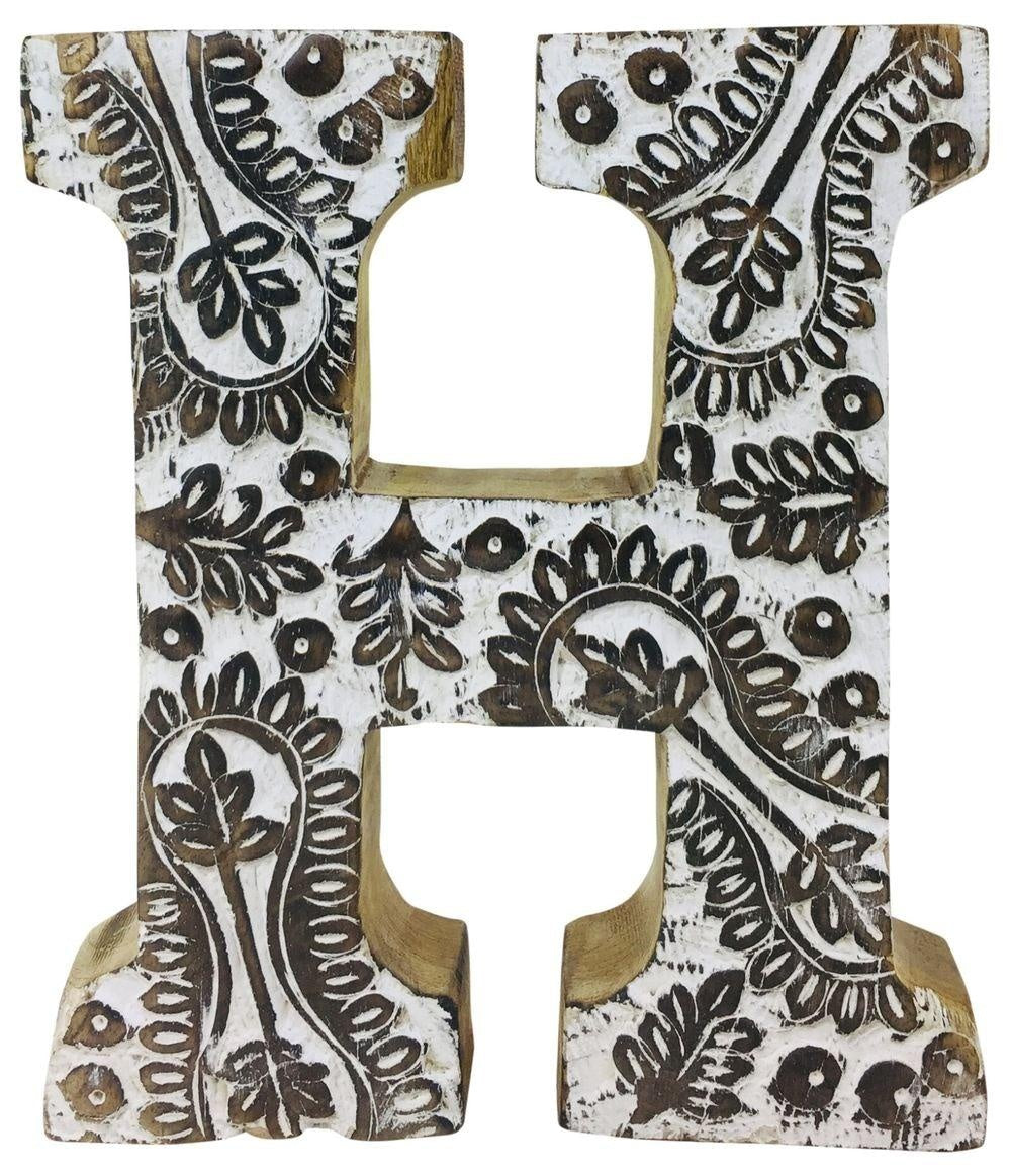 Hand Carved Wooden White Flower Letter H