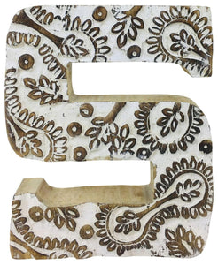 Hand Carved Wooden White Flower Letter S