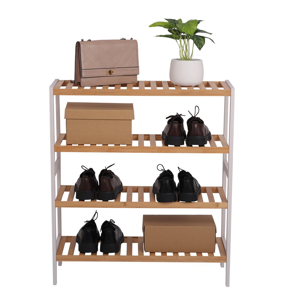 100% Bamboo Shoe Rack Bench, Shoe Storage, 4-Layer Multi-Functional Cell Shelf suitable for Entrance Corridor, Bathroom - Natural and White