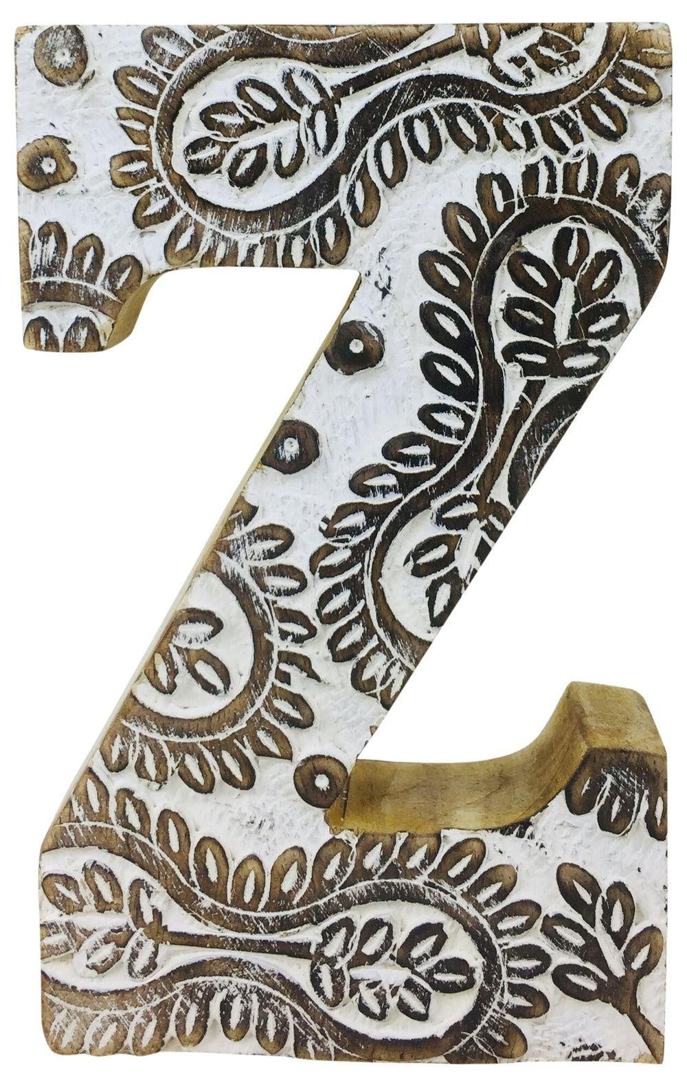 Hand Carved Wooden White Flower Letter Z