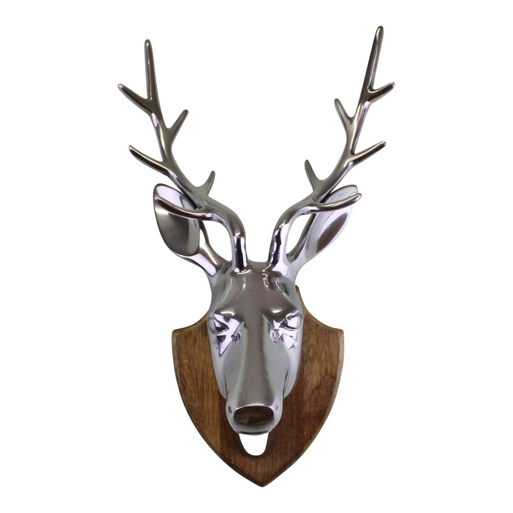 Silver Metal Stags Head On Wooden Mount, Wall Decor