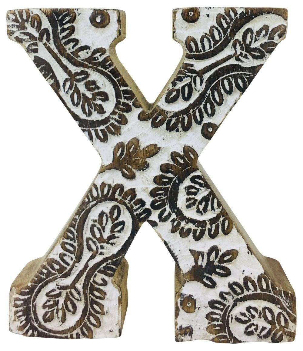 Hand Carved Wooden White Flower Letter X