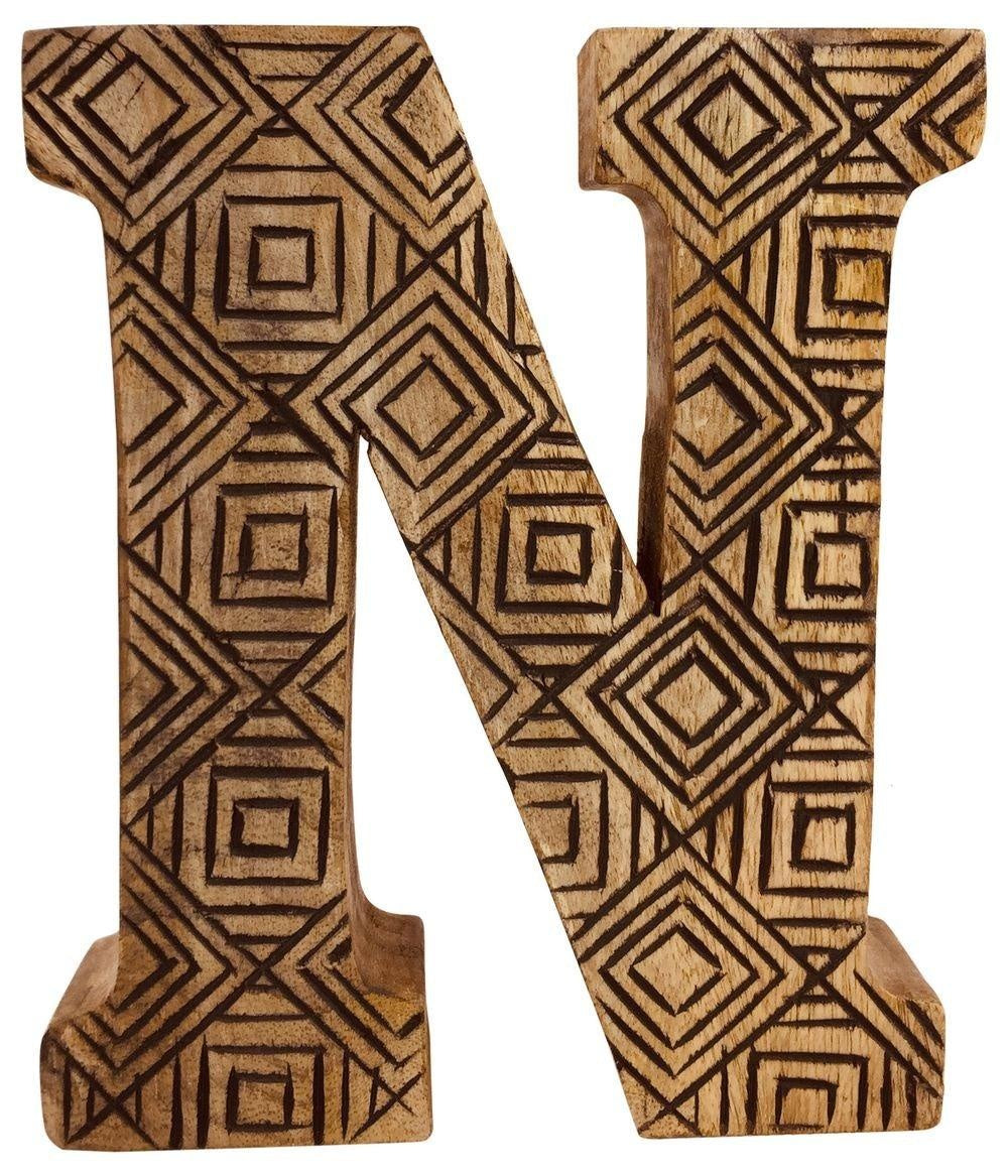 Hand Carved Wooden Geometric Letter N