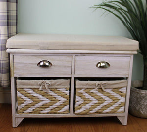 White Wooden Storage Bench With 2 Drawers & 2 Baskets