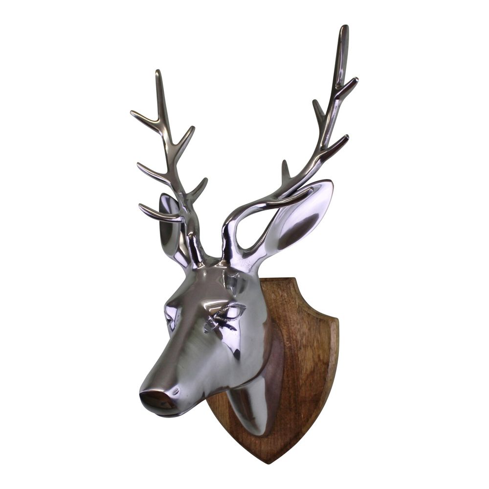 Silver Metal Stags Head On Wooden Mount, Wall Decor