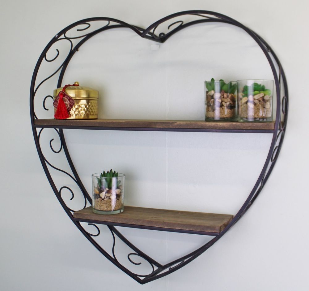 Scroll Design Heart Shaped Metal & Wood Shelf Unit