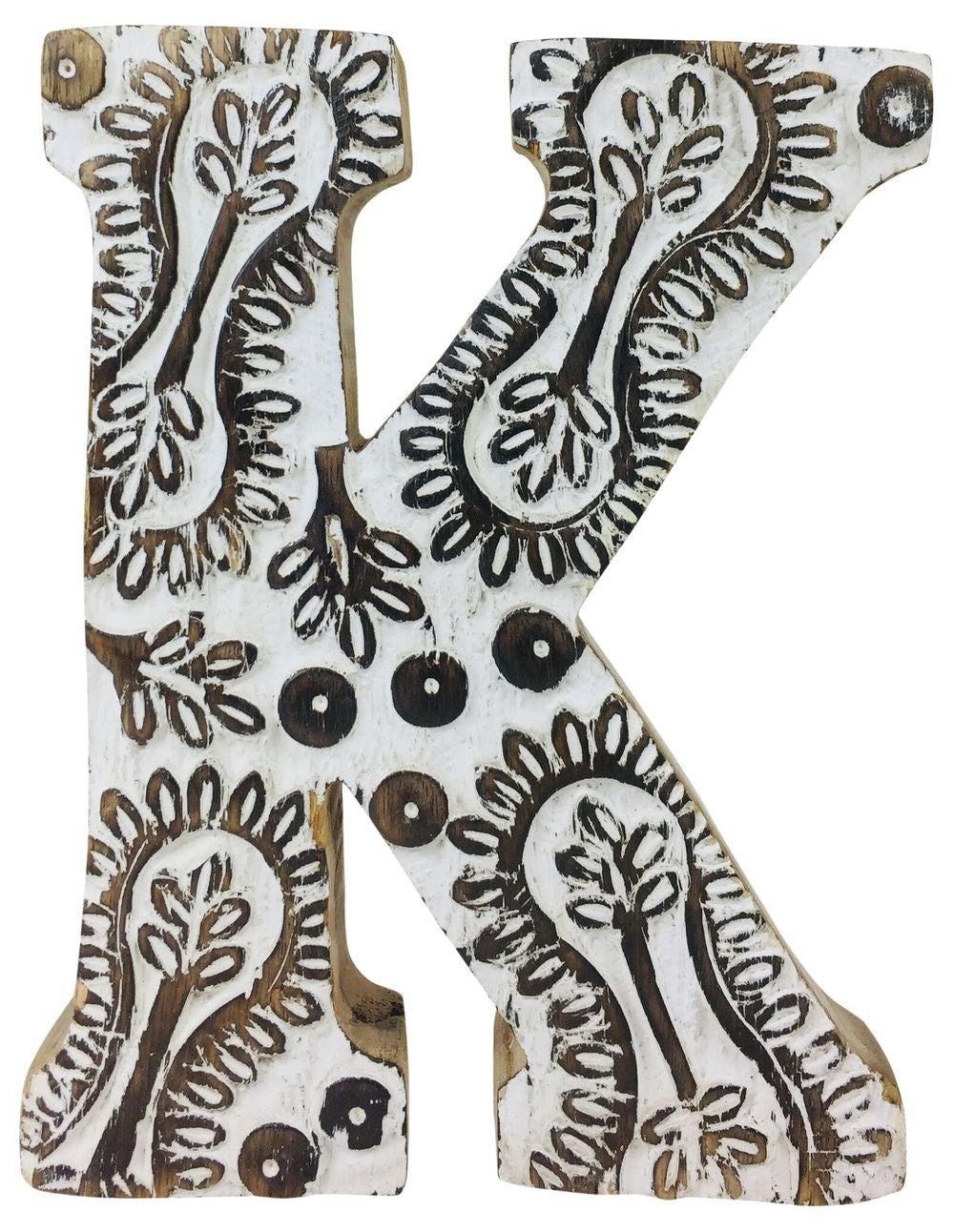 Hand Carved Wooden White Flower Letter K