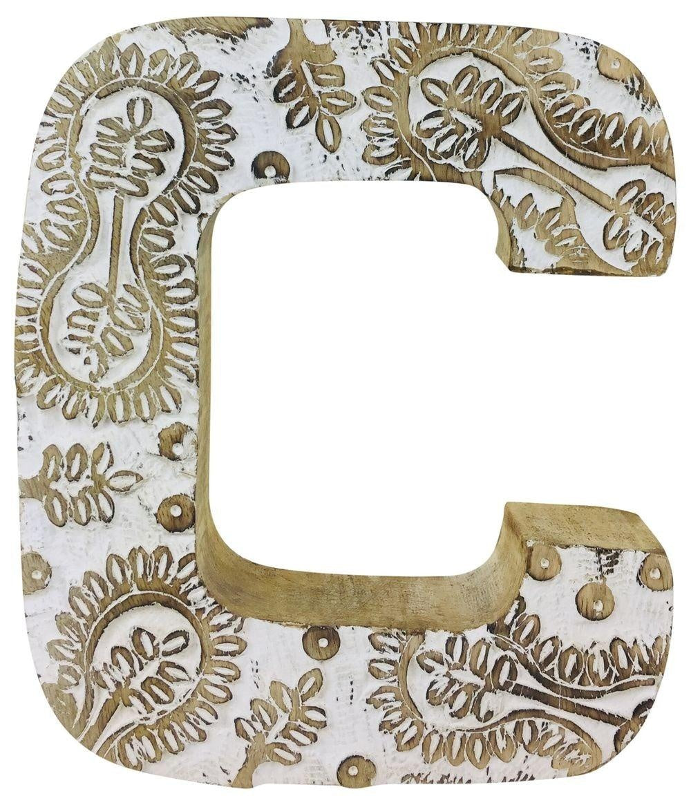 Hand Carved Wooden White Flower Letter C