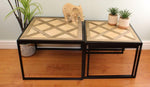 Load image into Gallery viewer, Set Of 3 Square Black Metal Side Tables With Wooden Geometric Tops
