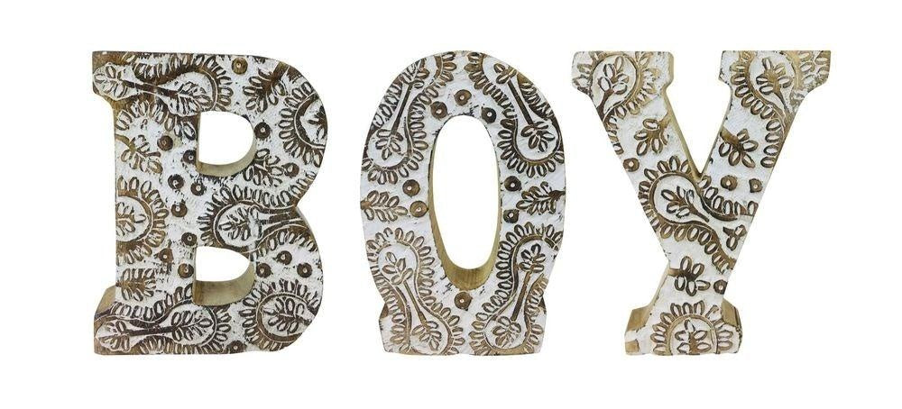 Hand Carved Wooden White Flower Letters Boy