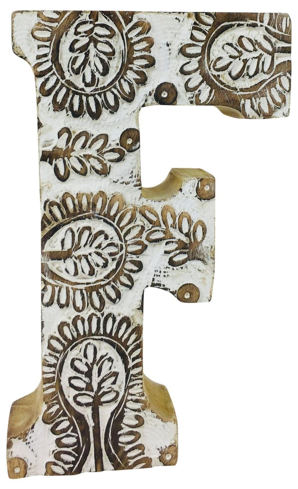 Hand Carved Wooden White Flower Letter F