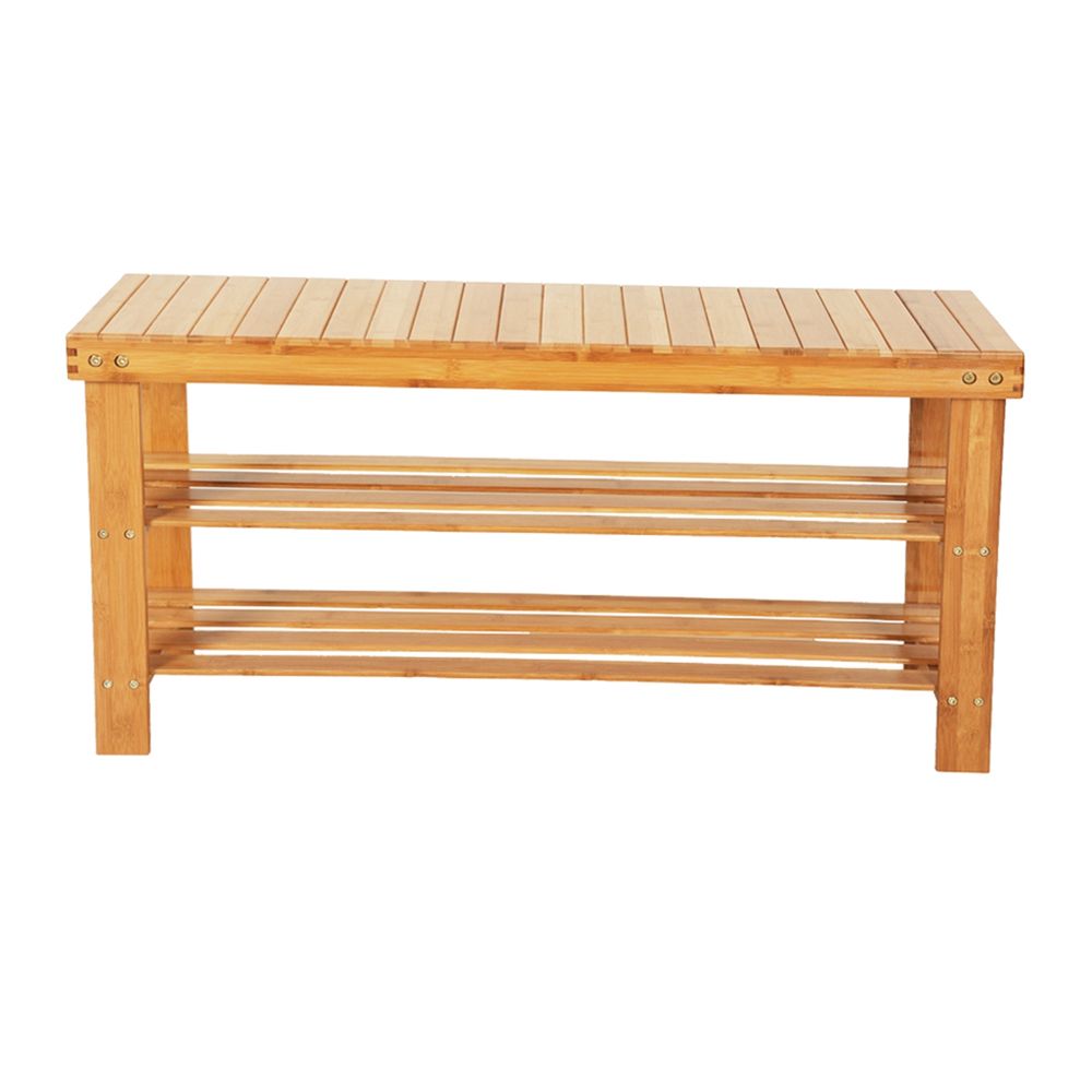 90cm Strip Pattern 3 Tiers Bamboo Stool Shoe Rack Wood Color