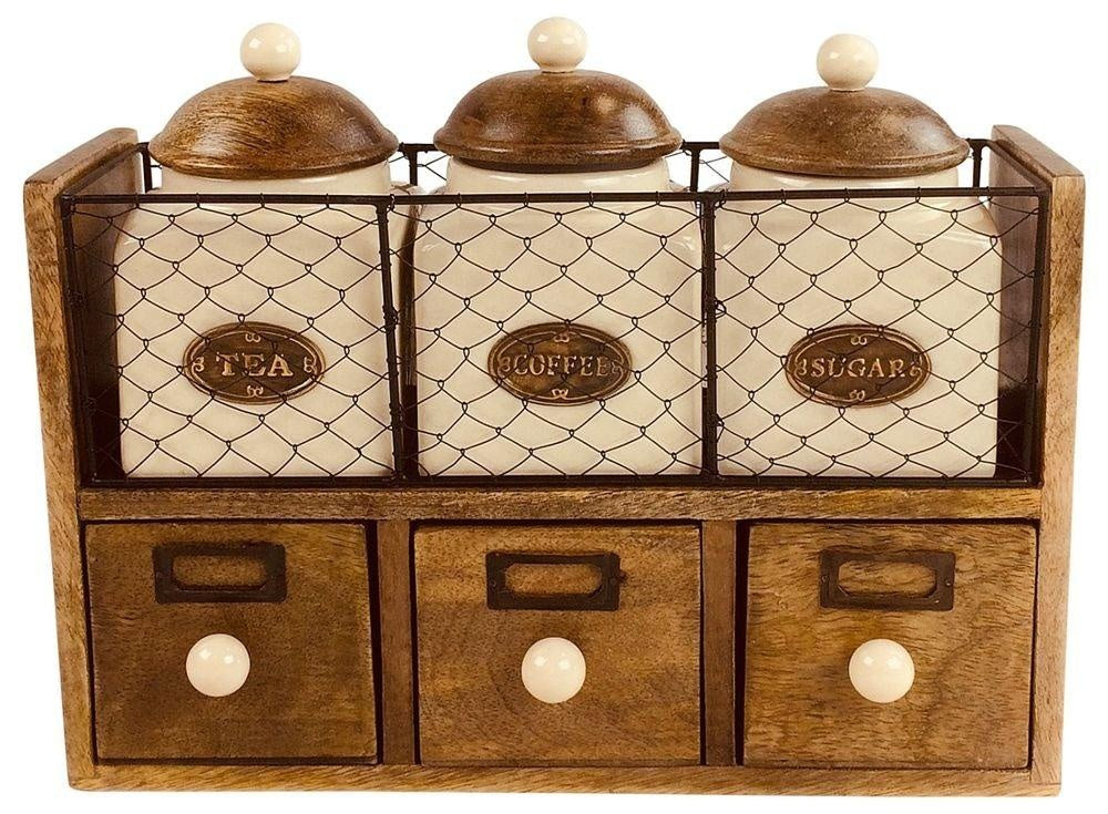Wooden Cabinet With 3 Jars & Drawers